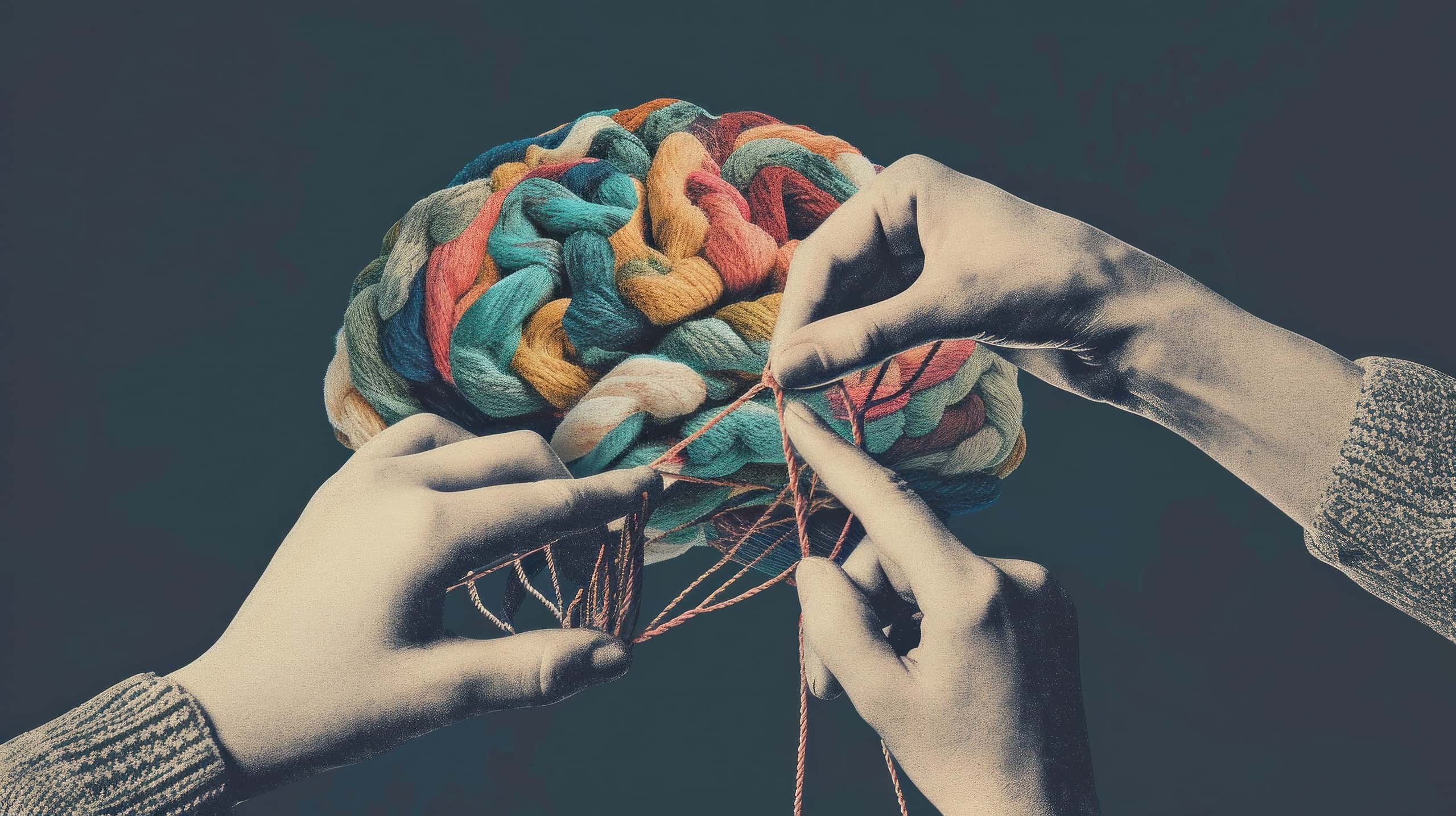 Contemporary art collage. Human hands knitting brain. Growing psychological and emotional stability. Abstract design. Concept of psychology, inner world, mental health, feelings. Conceptual art