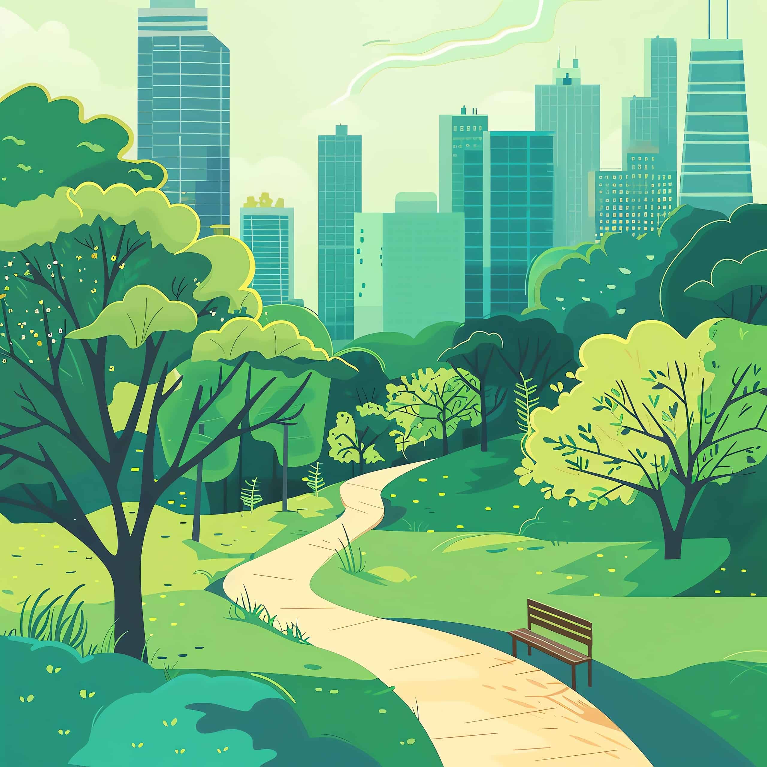 Illustration of a serene park with lush greenery, a winding path, and city skyscrapers in the background.