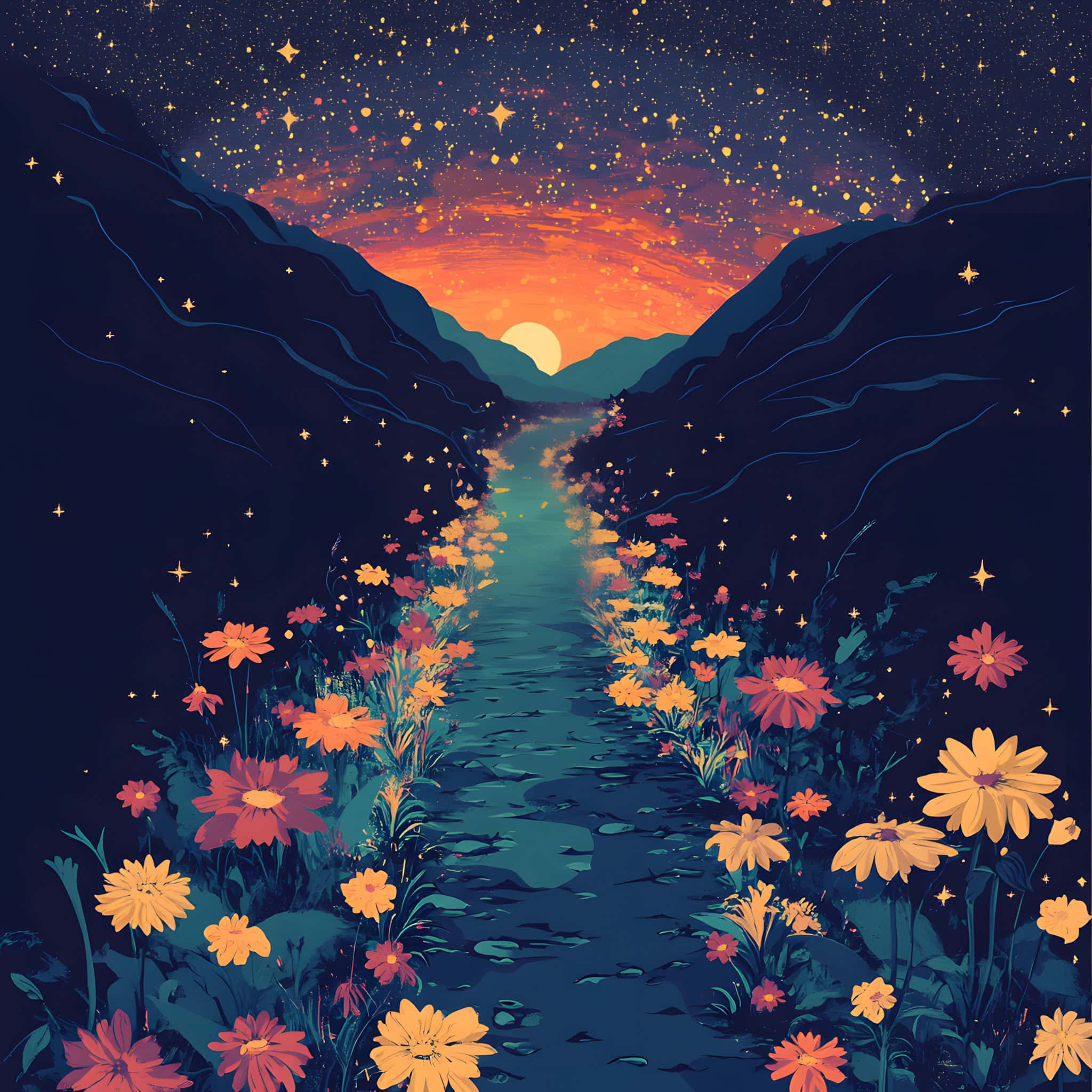 A serene, magical pathway surrounded by blooming flowers under a starlit sky, leading toward a radiant sunset.