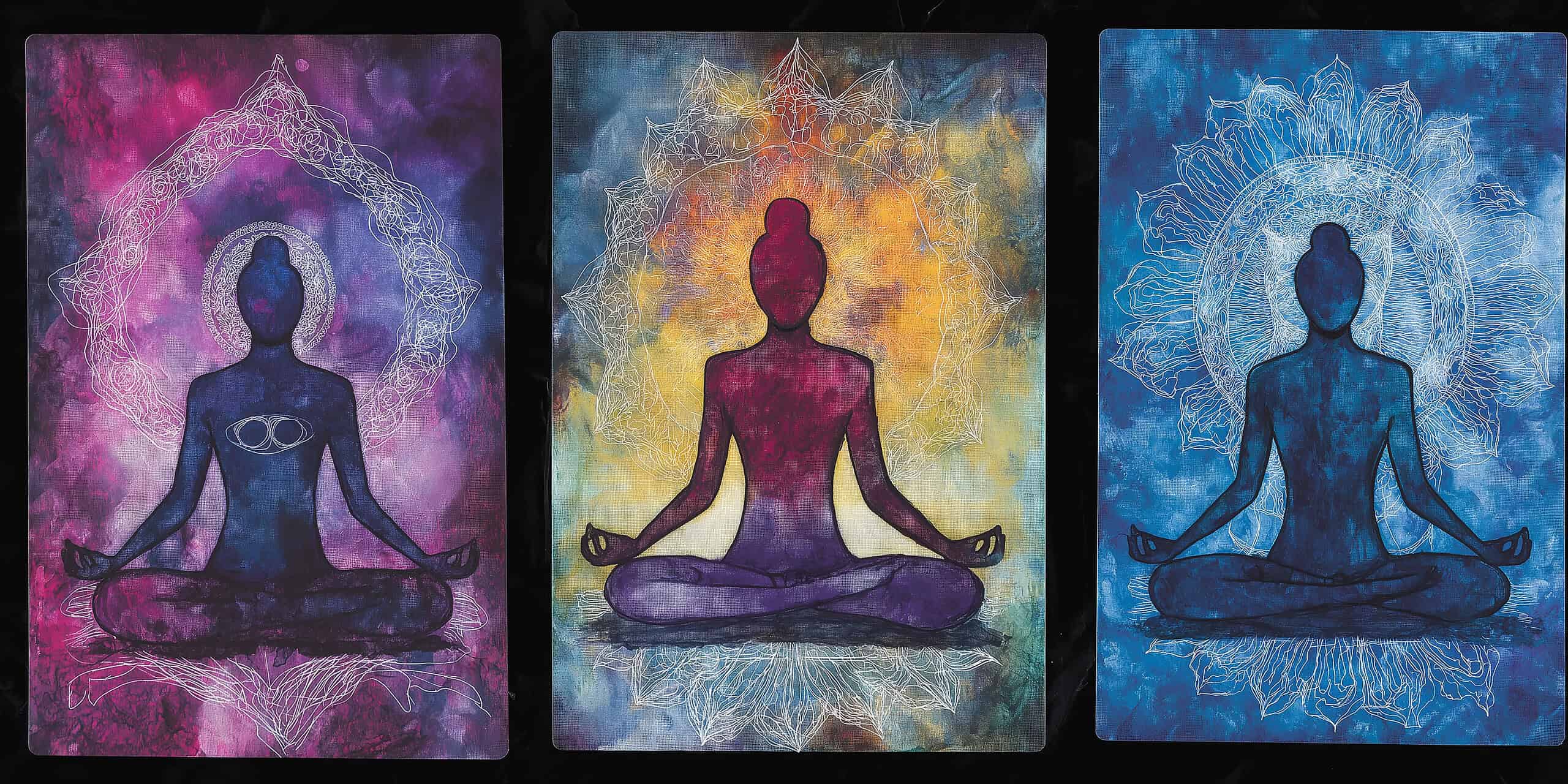 Colorful illustration of a person meditating in lotus position with third eye open and mandala background, symbolizing enlightenment and spirituality