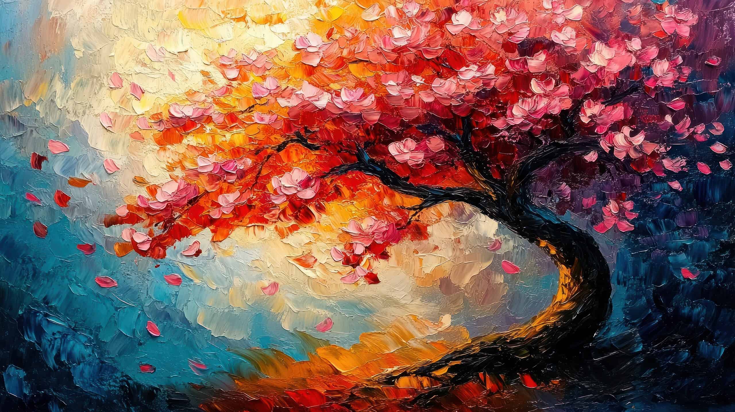 Swirling Cherry Blossom Tree in Dreamlike Sunset Light with Vibrant Pastel Leaves