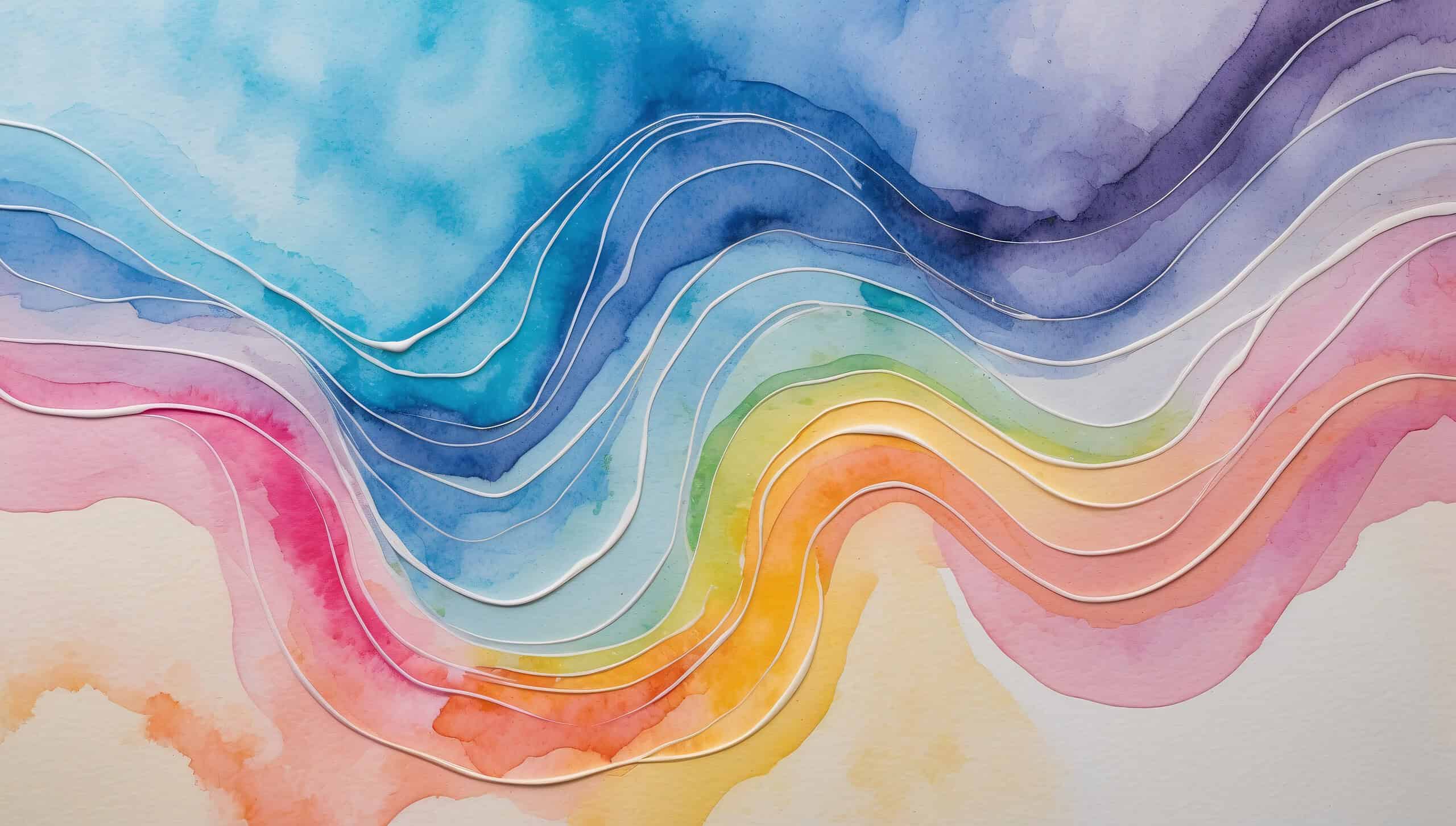 Abstract Watercolor Painting with Vibrant Rainbow Waves and Flowing Lines